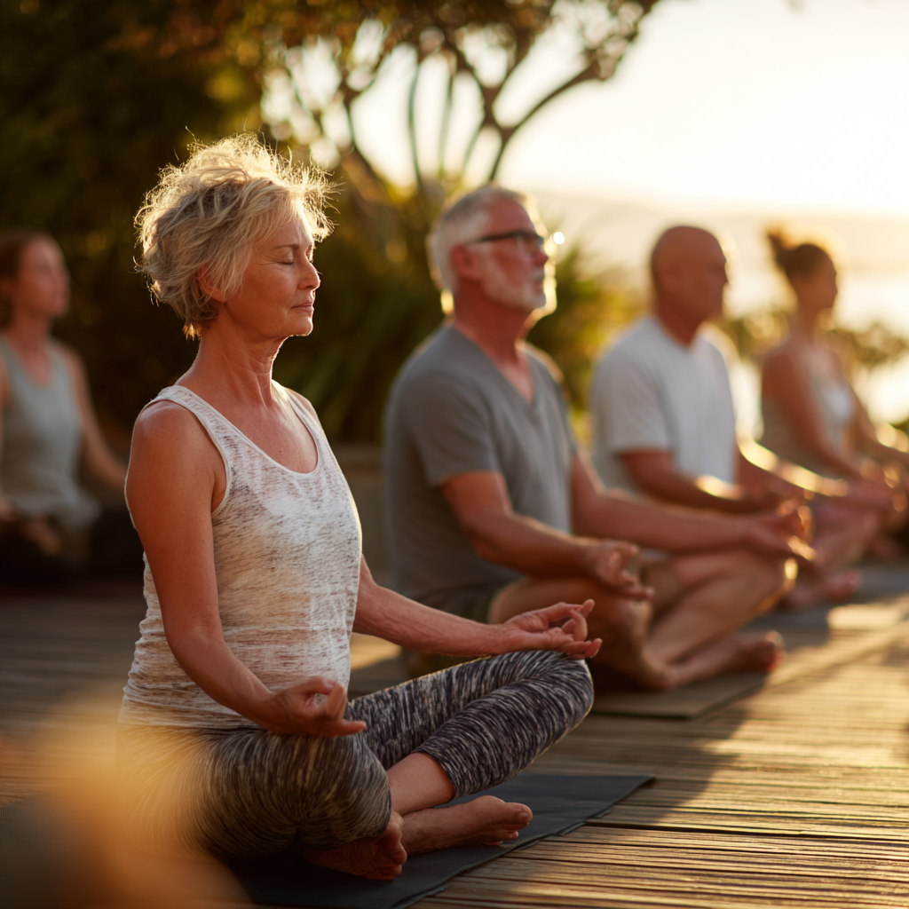 Group of middle-aged adults practicing yoga together in peaceful outdoor setting