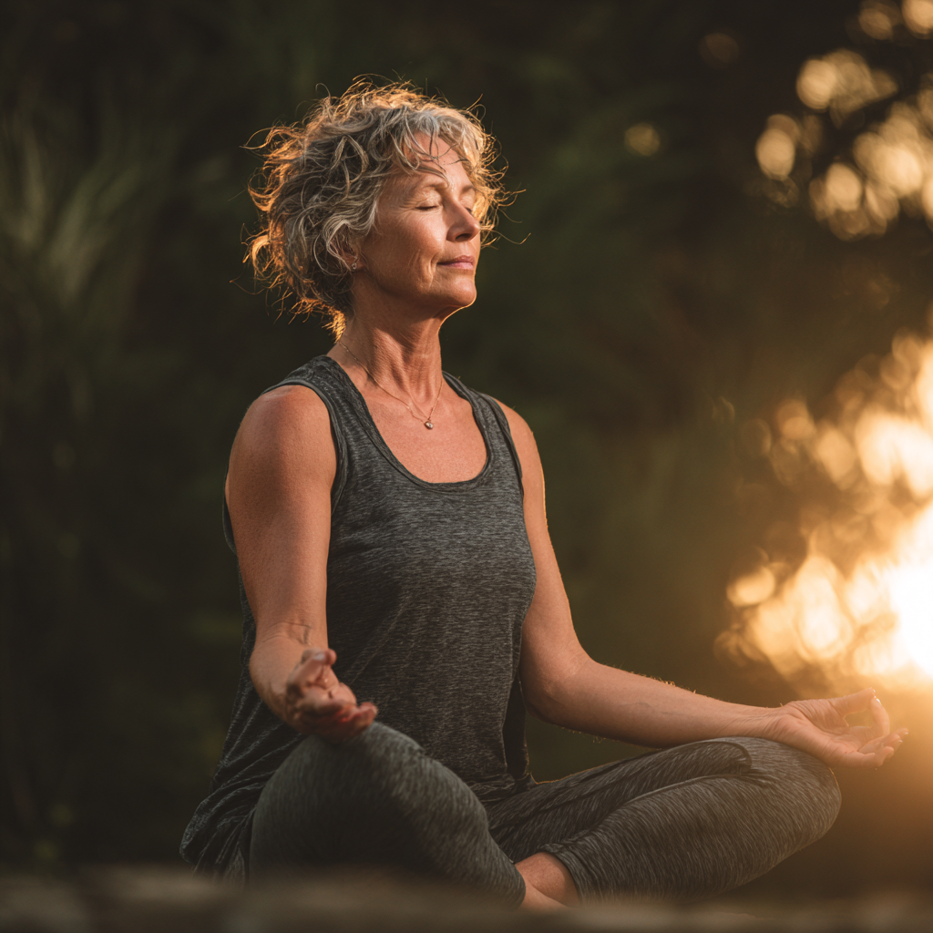Middle-aged woman practicing gentle yoga poses in serene natural setting